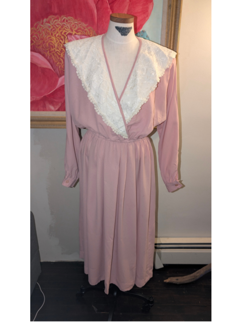 Vintage Leslie Fay Long Sleeve Dress Medium Pink White Lace Collar